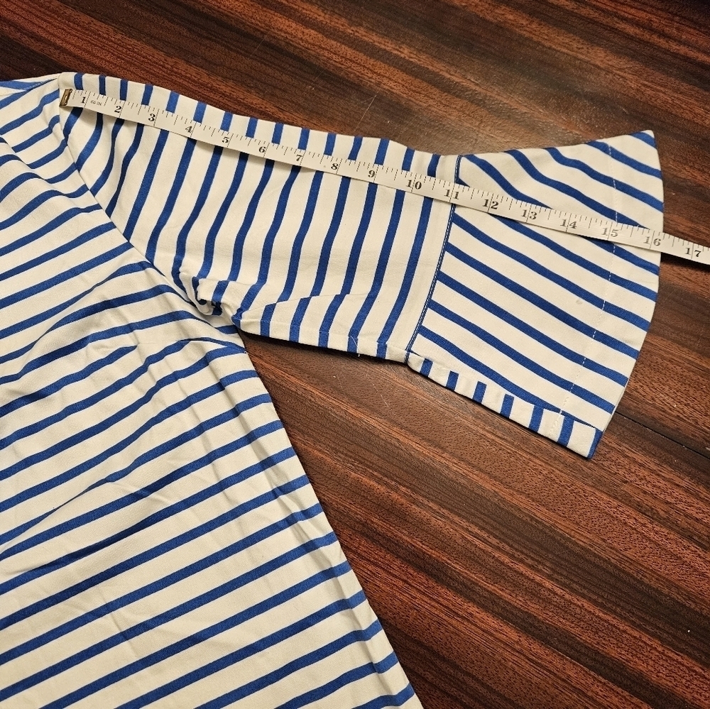 Draper James White Blue Striped Ruffle  3/4 Bell Sleeve Knee Length Dress SZ 2 - Picture 6 of 11